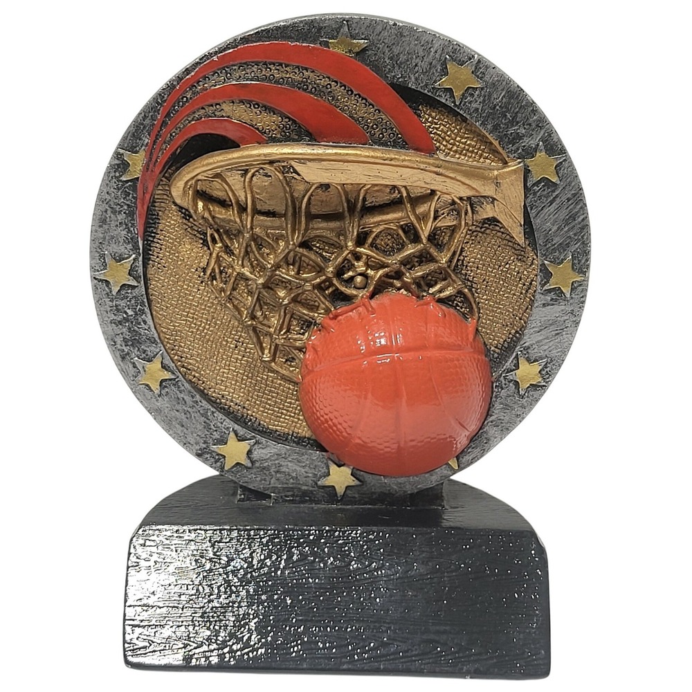 Basketball Resin Trophy Pewter Finish 3D Gold Hoop Silver Star 3 Inch Base
